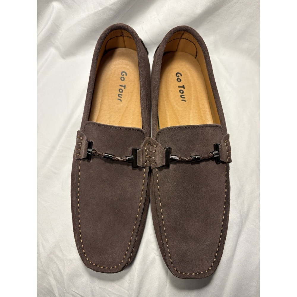 Go Tour Men's Brown Suede Loafers Slip-On Braided Metal Bit Comfort Non-Slip